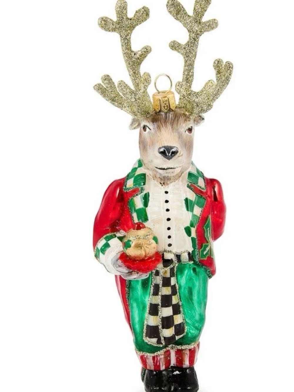 NEW MacKenzie-Childs Check It Out Reindeer Butler CHRISTMAS Ornament